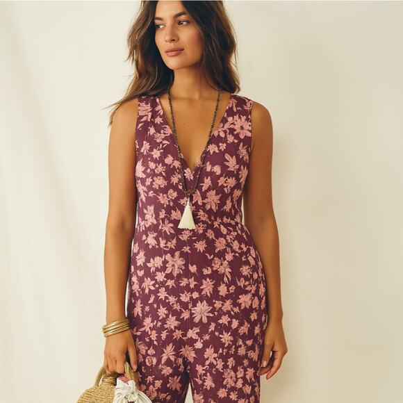 FREE PEOPLE Linen Wide Leg Jumpsuit Pink Floral Purple Sz XS {FF22} - Picture 2 of 5